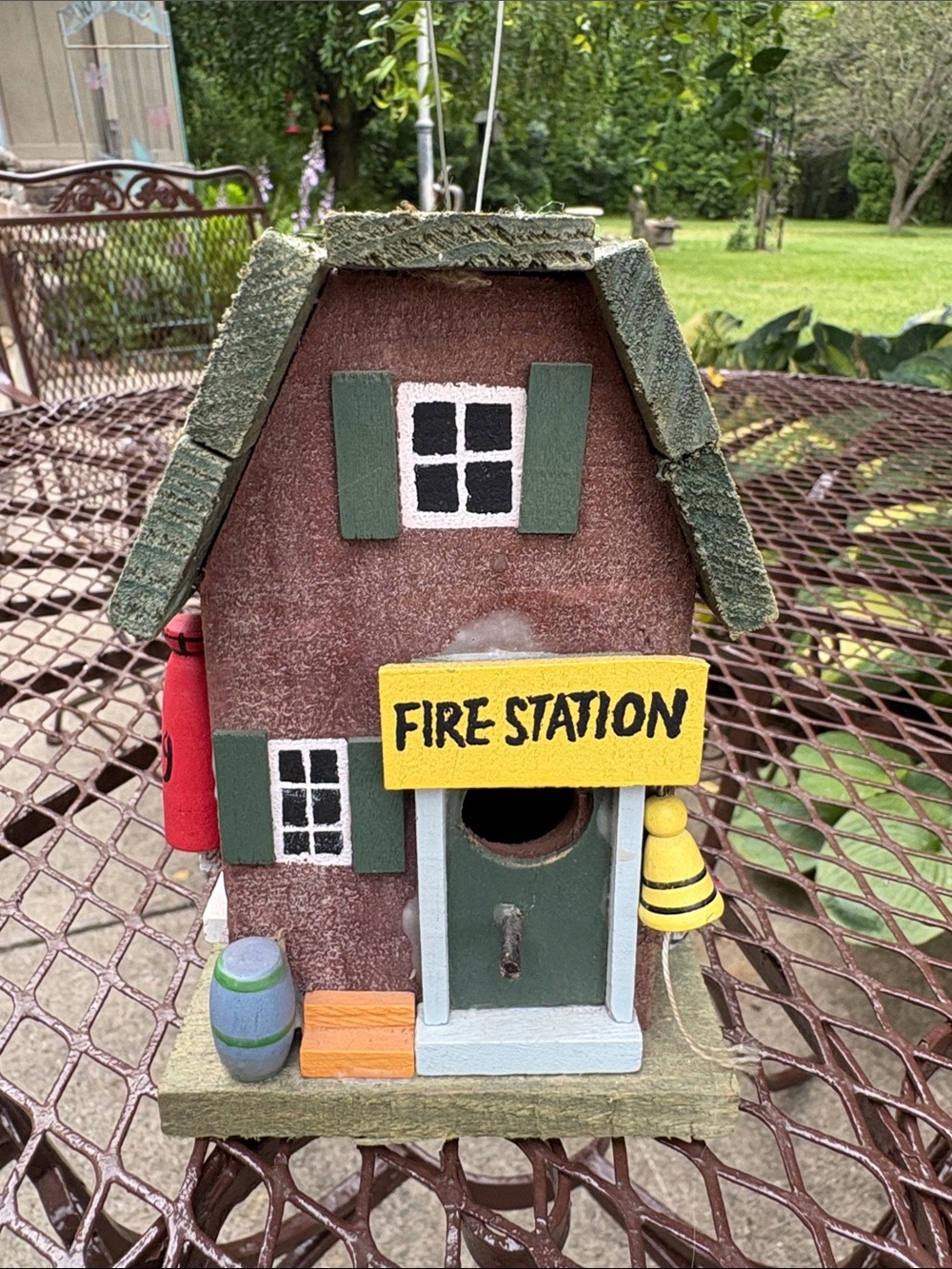 Whimsical Wooden Fire Station Birdhouse in Red and Green